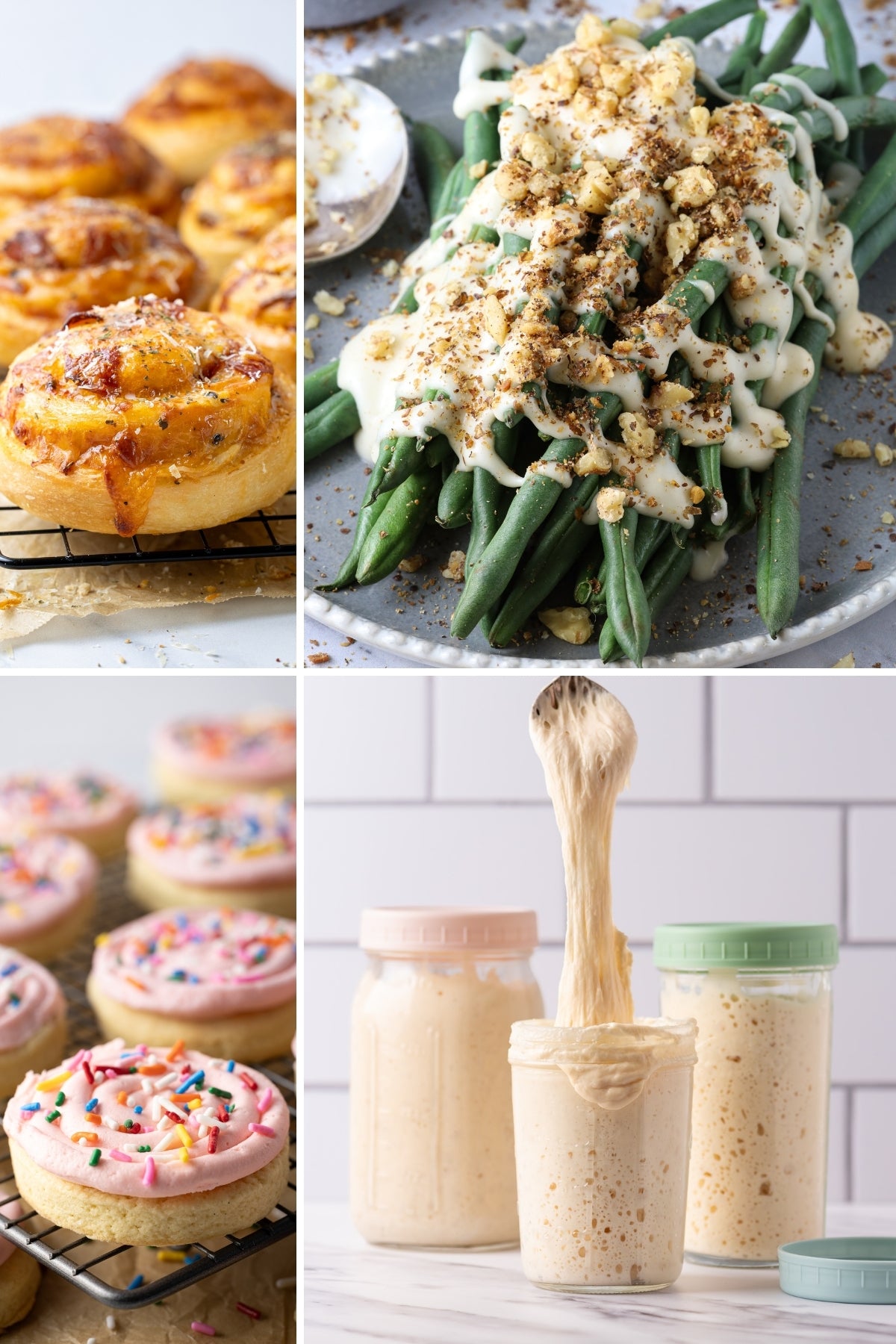 A collage of 4 images. On the top left, sourdough savory scrolls, top right is green beans drizzled in sourdough bechamel sauce. Bottom left is sourdough sugar cookies with strawberry frosting and sprinkles and bottom right is a collection of 3 jars of sourdough starter.